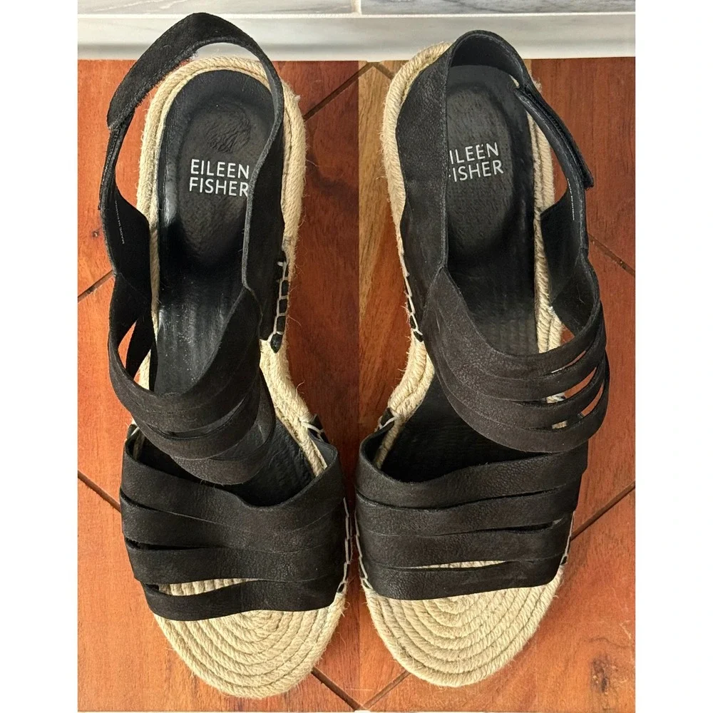 Eileen Fisher Largo Espadrille Black Wedge Sandals Multi Strap Platform Size 9.5